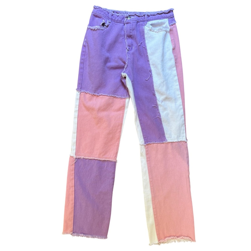 SHEIN Patchwork Jeans Women Purple Pink White Excellent Raw Hem Seams SIZE L